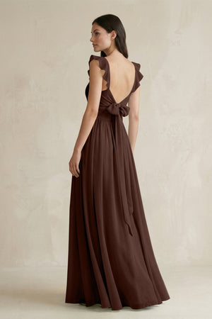 Ruffled Spaghetti Strap Chiffon A - Line Bridesmaid Dress in Espresso - KissProm Bridesmaid Dresses