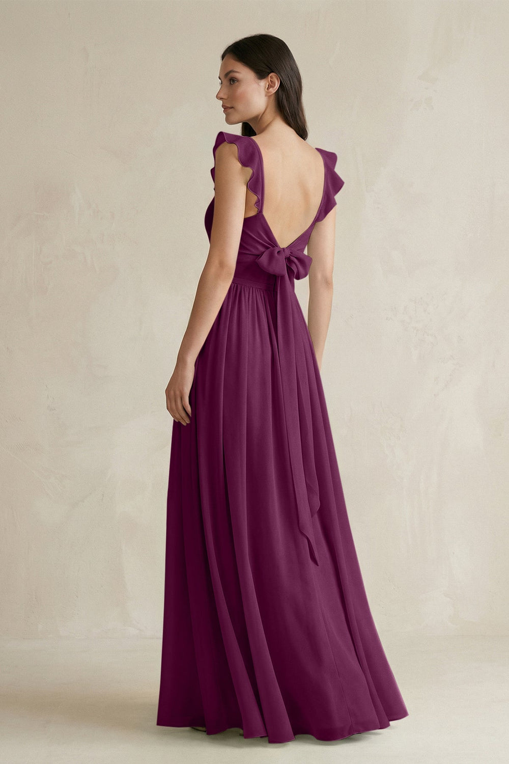 Ruffled Spaghetti Strap Chiffon A - Line Bridesmaid Dress in Fig - KissProm Bridesmaid Dresses