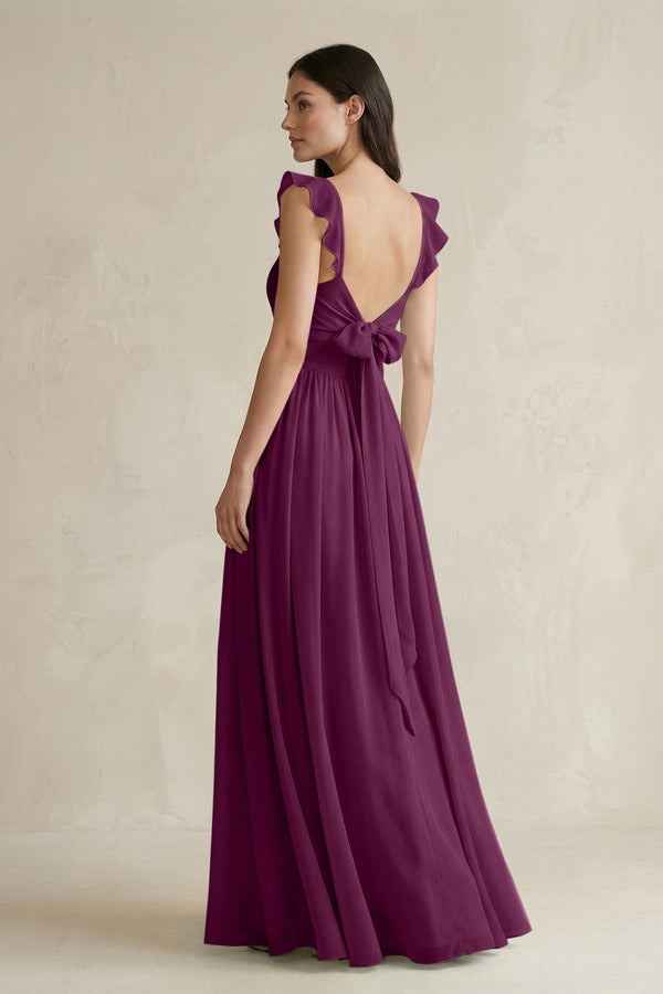 Ruffled Spaghetti Strap Chiffon A - Line Bridesmaid Dress in Fig - KissProm Bridesmaid Dresses
