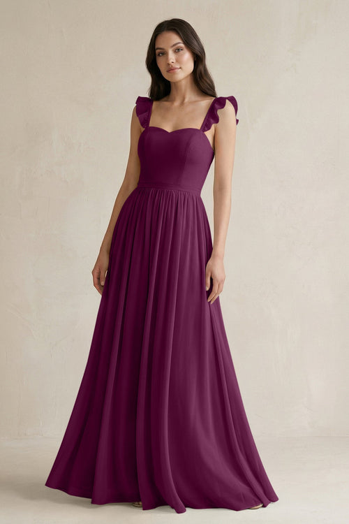 Ruffled Spaghetti Strap Chiffon A - Line Bridesmaid Dress in Fig - KissProm Bridesmaid Dresses