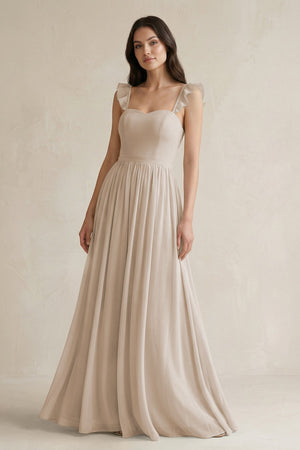 Ruffled Spaghetti Strap Chiffon A - Line Bridesmaid Dress in Frost - KissProm Bridesmaid Dresses