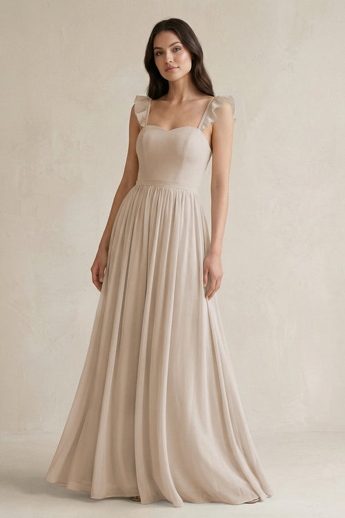 Ruffled Spaghetti Strap Chiffon A - Line Bridesmaid Dress in Frost - KissProm Bridesmaid Dresses