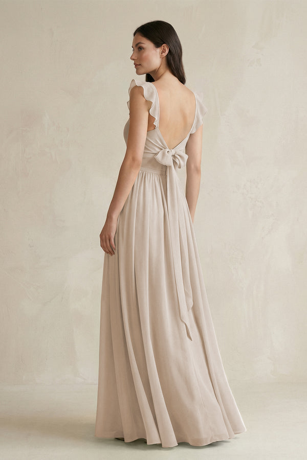 Ruffled Spaghetti Strap Chiffon A - Line Bridesmaid Dress in Frost - KissProm Bridesmaid Dresses