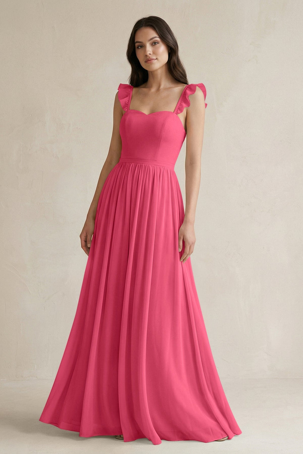 Ruffled Spaghetti Strap Chiffon A - Line Bridesmaid Dress in Fuchsia - KissProm Bridesmaid Dresses