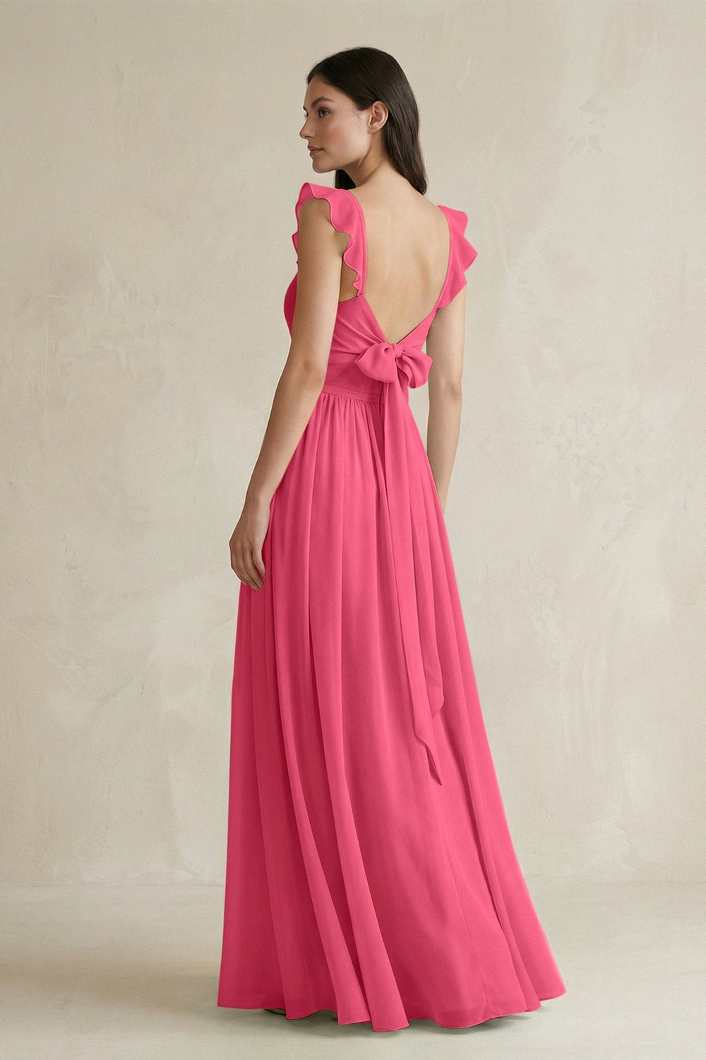 Ruffled Spaghetti Strap Chiffon A - Line Bridesmaid Dress in Fuchsia - KissProm Bridesmaid Dresses