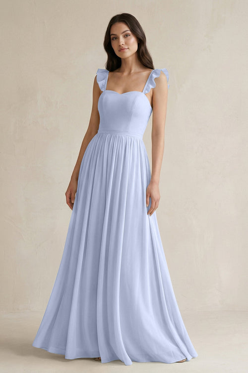 Ruffled Spaghetti Strap Chiffon A - Line Bridesmaid Dress in Ice - KissProm Bridesmaid Dresses