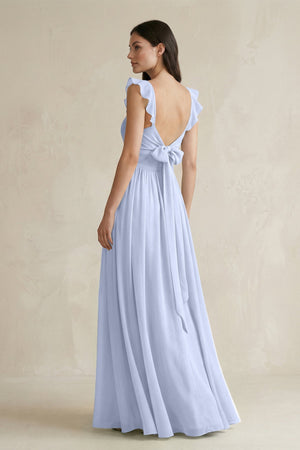 Ruffled Spaghetti Strap Chiffon A - Line Bridesmaid Dress in Ice - KissProm Bridesmaid Dresses