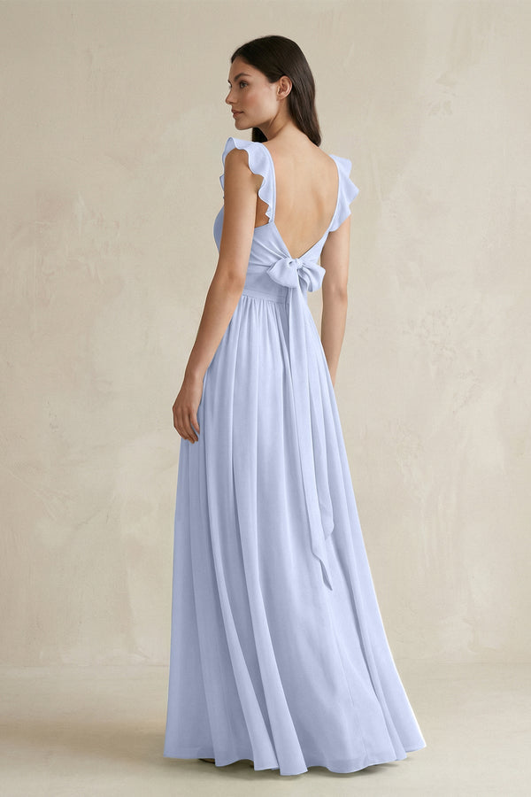 Ruffled Spaghetti Strap Chiffon A - Line Bridesmaid Dress in Ice - KissProm Bridesmaid Dresses