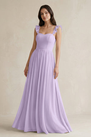 Ruffled Spaghetti Strap Chiffon A - Line Bridesmaid Dress in Lavender - KissProm Bridesmaid Dresses