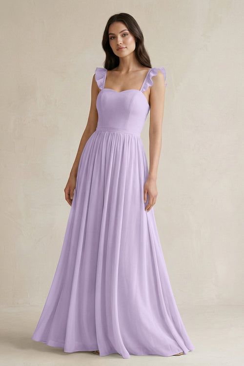 Ruffled Spaghetti Strap Chiffon A - Line Bridesmaid Dress in Lavender - KissProm Bridesmaid Dresses