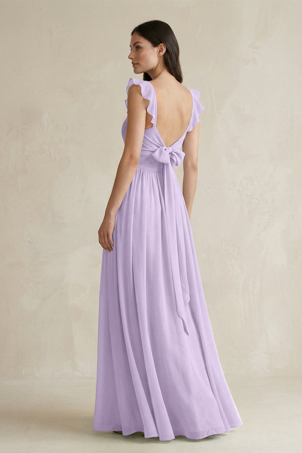 Ruffled Spaghetti Strap Chiffon A - Line Bridesmaid Dress in Lavender - KissProm Bridesmaid Dresses
