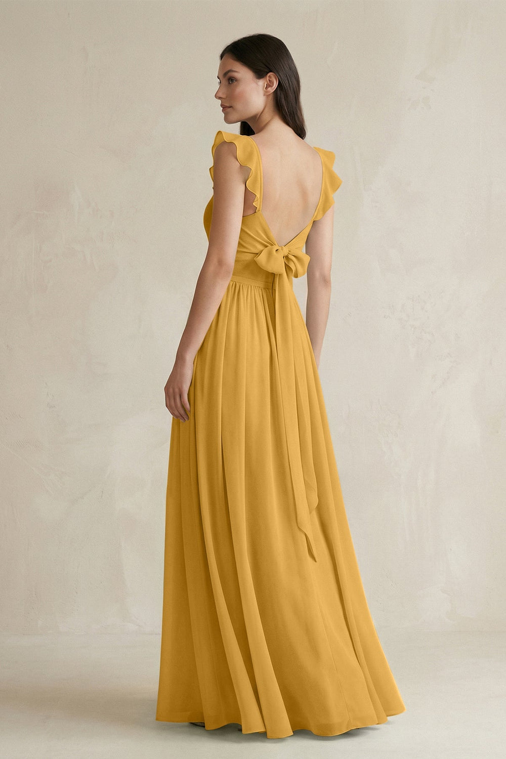 Ruffled Spaghetti Strap Chiffon A - Line Bridesmaid Dress in Marigold - KissProm Bridesmaid Dresses