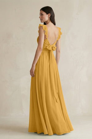 Ruffled Spaghetti Strap Chiffon A - Line Bridesmaid Dress in Marigold - KissProm Bridesmaid Dresses