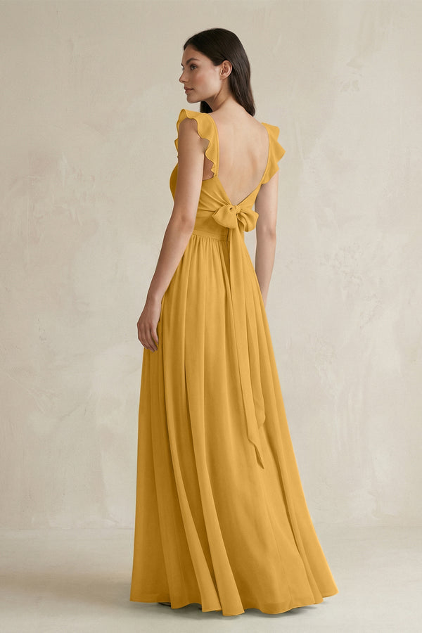 Ruffled Spaghetti Strap Chiffon A - Line Bridesmaid Dress in Marigold - KissProm Bridesmaid Dresses