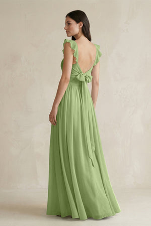 Ruffled Spaghetti Strap Chiffon A - Line Bridesmaid Dress in Matcha - KissProm Bridesmaid Dresses