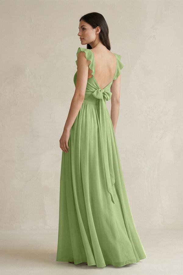 Ruffled Spaghetti Strap Chiffon A - Line Bridesmaid Dress in Matcha - KissProm Bridesmaid Dresses