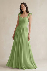 Ruffled Spaghetti Strap Chiffon A - Line Bridesmaid Dress in Matcha - KissProm Bridesmaid Dresses