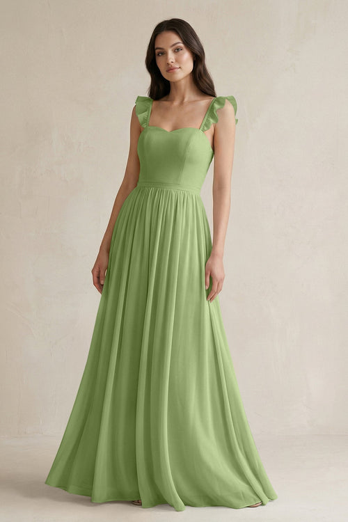 Ruffled Spaghetti Strap Chiffon A - Line Bridesmaid Dress in Matcha - KissProm Bridesmaid Dresses