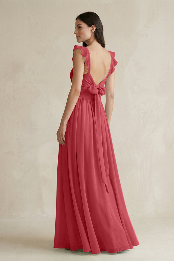 Ruffled Spaghetti Strap Chiffon A - Line Bridesmaid Dress in Merlot - KissProm Bridesmaid Dresses