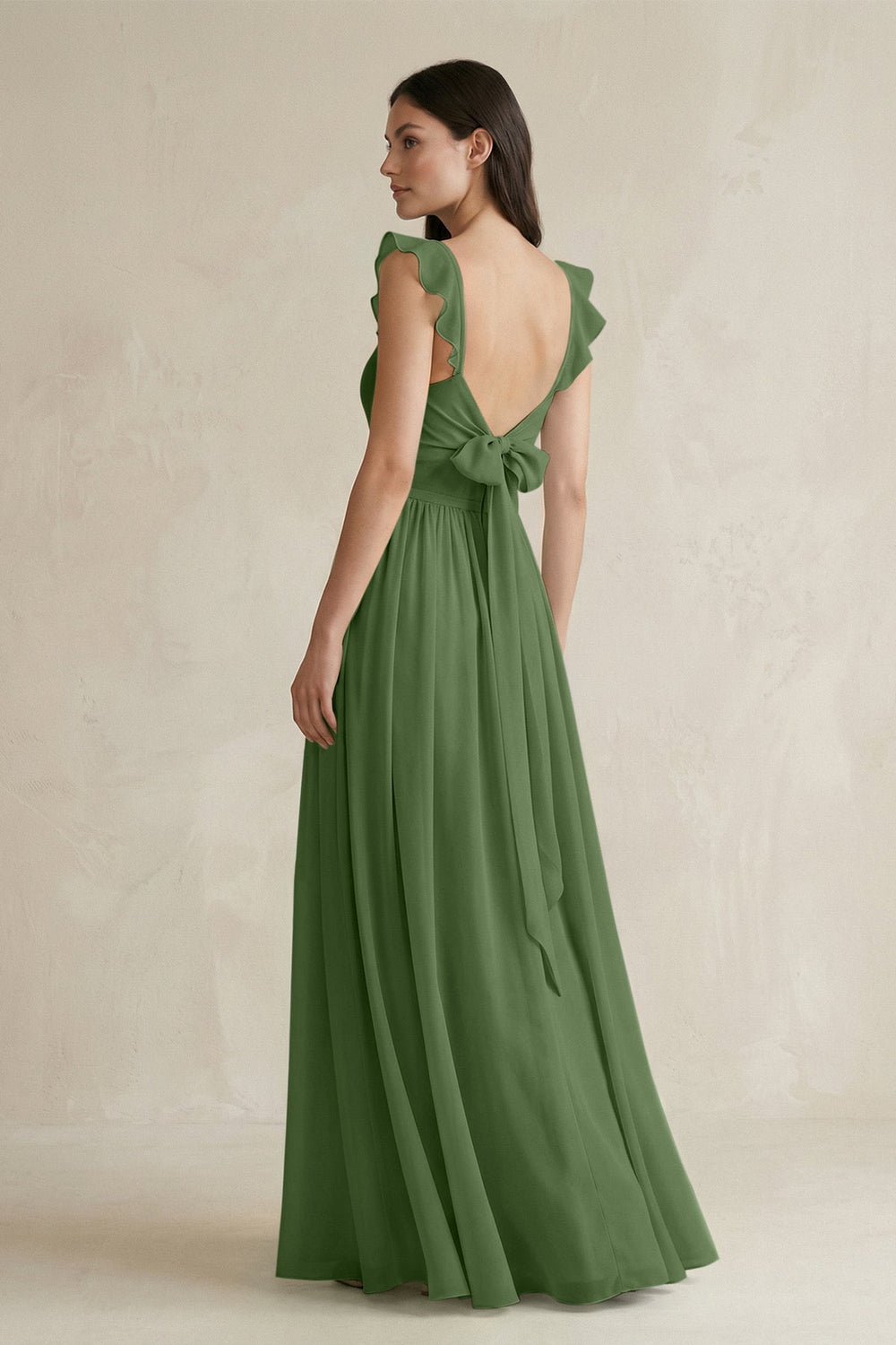 Ruffled Spaghetti Strap Chiffon A - Line Bridesmaid Dress in Moss - KissProm Bridesmaid Dresses