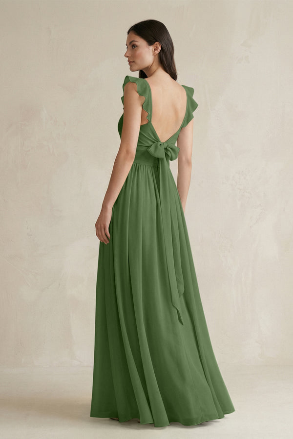 Ruffled Spaghetti Strap Chiffon A - Line Bridesmaid Dress in Moss - KissProm Bridesmaid Dresses