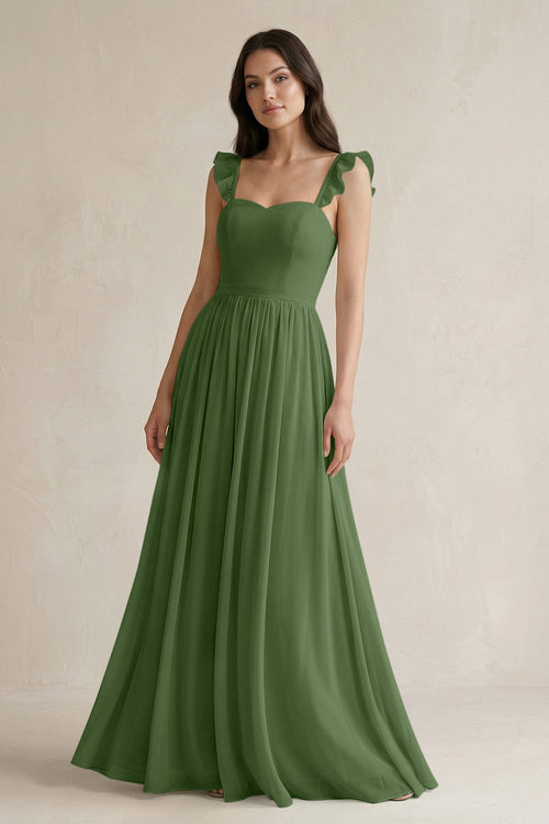 Ruffled Spaghetti Strap Chiffon A - Line Bridesmaid Dress in Moss - KissProm Bridesmaid Dresses