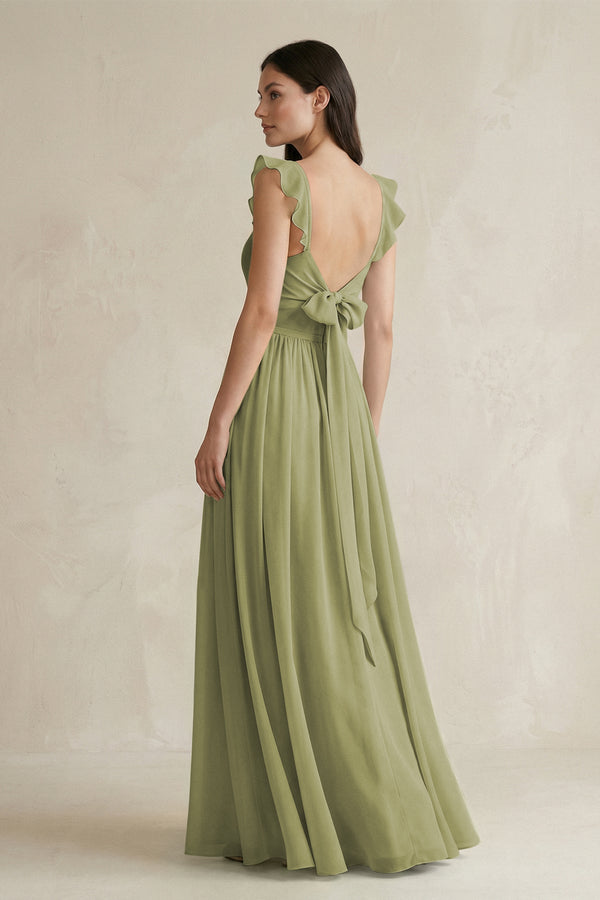 Ruffled Spaghetti Strap Chiffon A - Line Bridesmaid Dress in Moss Green - KissProm Bridesmaid Dresses