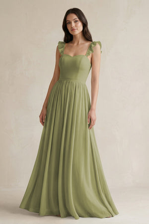 Ruffled Spaghetti Strap Chiffon A - Line Bridesmaid Dress in Moss Green - KissProm Bridesmaid Dresses