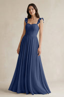 Ruffled Spaghetti Strap Chiffon A - Line Bridesmaid Dress in Navy - KissProm Bridesmaid Dresses