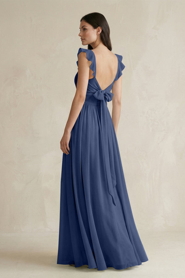 Ruffled Spaghetti Strap Chiffon A - Line Bridesmaid Dress in Navy - KissProm Bridesmaid Dresses
