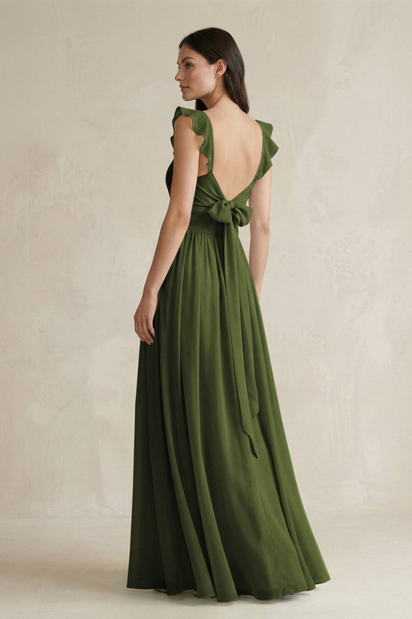 Ruffled Spaghetti Strap Chiffon A - Line Bridesmaid Dress in Olive - KissProm Bridesmaid Dresses