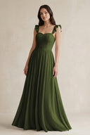 Ruffled Spaghetti Strap Chiffon A - Line Bridesmaid Dress in Olive - KissProm Bridesmaid Dresses