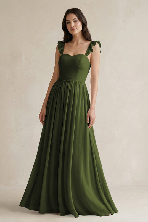 Ruffled Spaghetti Strap Chiffon A - Line Bridesmaid Dress in Olive - KissProm Bridesmaid Dresses