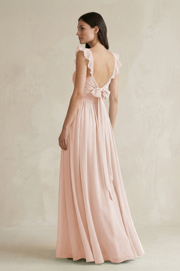 Ruffled Spaghetti Strap Chiffon A - Line Bridesmaid Dress in Pale Blush - KissProm Bridesmaid Dresses