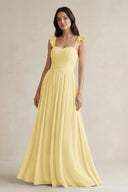 Ruffled Spaghetti Strap Chiffon A - Line Bridesmaid Dress in Pastel Yellow - KissProm Bridesmaid Dresses