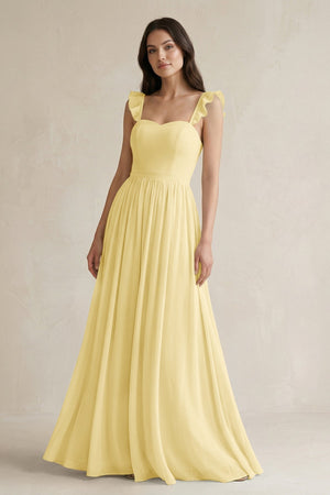 Ruffled Spaghetti Strap Chiffon A - Line Bridesmaid Dress in Pastel Yellow - KissProm Bridesmaid Dresses