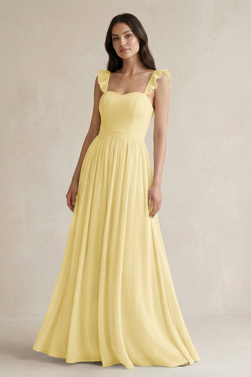Ruffled Spaghetti Strap Chiffon A - Line Bridesmaid Dress in Pastel Yellow - KissProm Bridesmaid Dresses