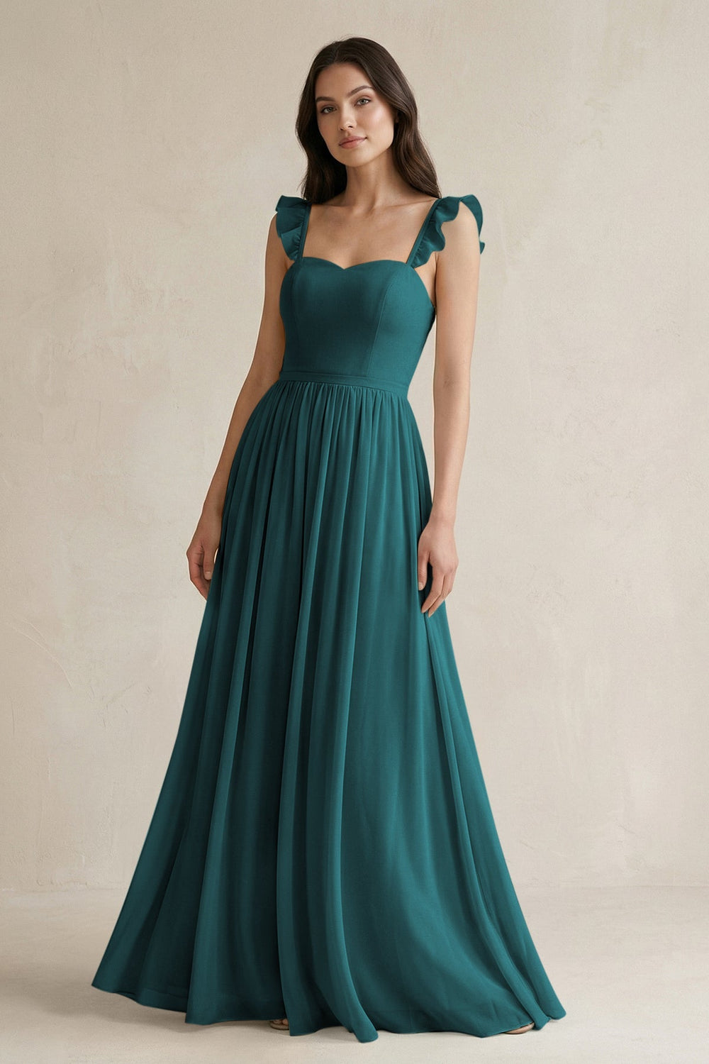Ruffled Spaghetti Strap Chiffon A - Line Bridesmaid Dress in Pine - KissProm Bridesmaid Dresses