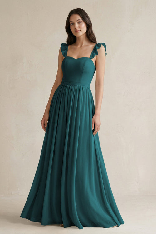 Ruffled Spaghetti Strap Chiffon A - Line Bridesmaid Dress in Pine - KissProm Bridesmaid Dresses