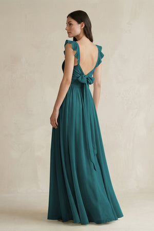Ruffled Spaghetti Strap Chiffon A - Line Bridesmaid Dress in Pine - KissProm Bridesmaid Dresses