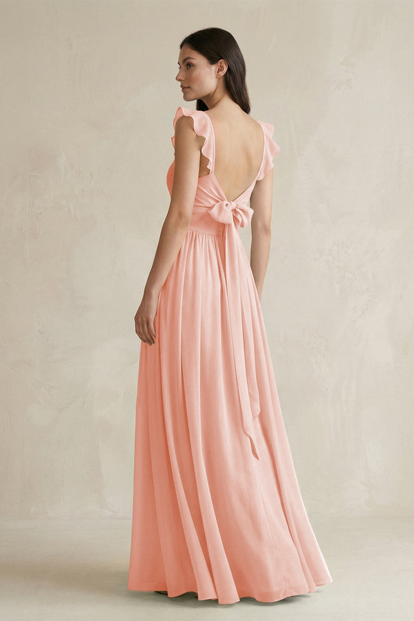 KissProm Ruffled Spaghetti Strap Chiffon A-Line Bridesmaid Dress in Rose Petal, Rose Petal / 4