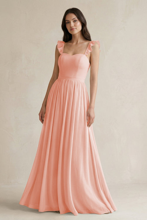 KissProm Ruffled Spaghetti Strap Chiffon A-Line Bridesmaid Dress in Rose Petal, Rose Petal / 4