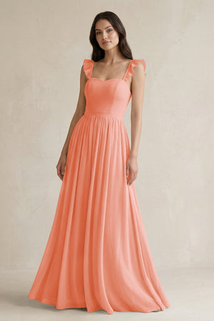Ruffled Spaghetti Strap Chiffon A - Line Bridesmaid Dress in Rosette - KissProm Bridesmaid Dresses