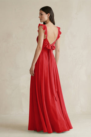 Ruffled Spaghetti Strap Chiffon A - Line Bridesmaid Dress in Ruby Red - KissProm Bridesmaid Dresses