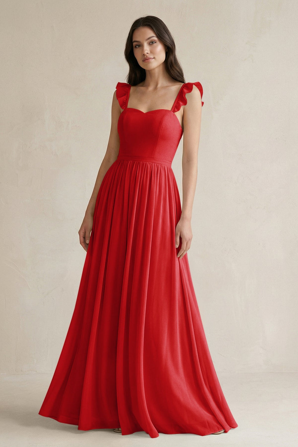 Ruffled Spaghetti Strap Chiffon A - Line Bridesmaid Dress in Ruby Red - KissProm Bridesmaid Dresses