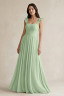 Ruffled Spaghetti Strap Chiffon A - Line Bridesmaid Dress in Sage - KissProm Bridesmaid Dresses