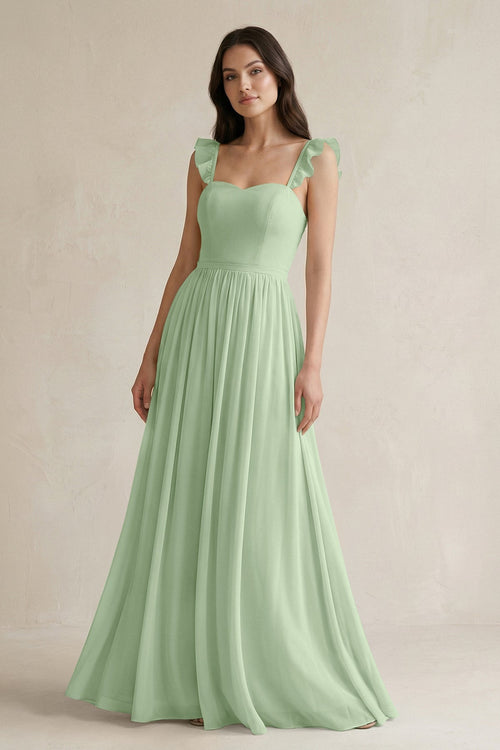 Ruffled Spaghetti Strap Chiffon A - Line Bridesmaid Dress in Sage - KissProm Bridesmaid Dresses