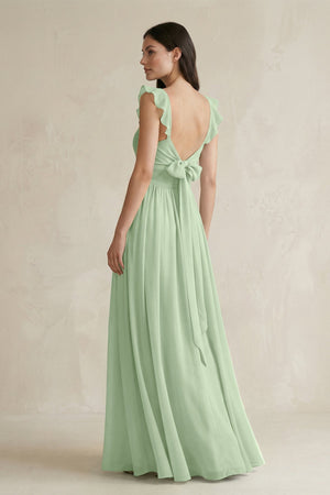 Ruffled Spaghetti Strap Chiffon A - Line Bridesmaid Dress in Sage - KissProm Bridesmaid Dresses