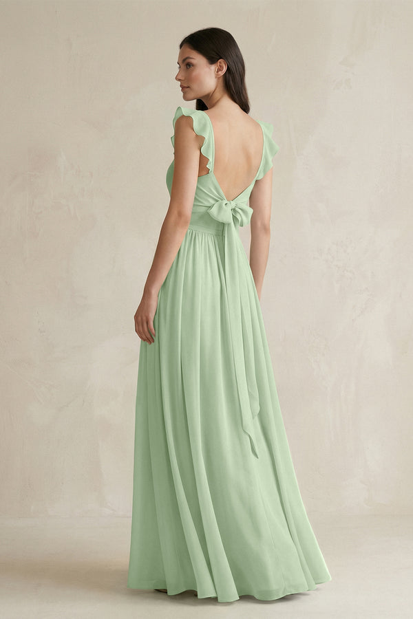 Ruffled Spaghetti Strap Chiffon A - Line Bridesmaid Dress in Sage - KissProm Bridesmaid Dresses