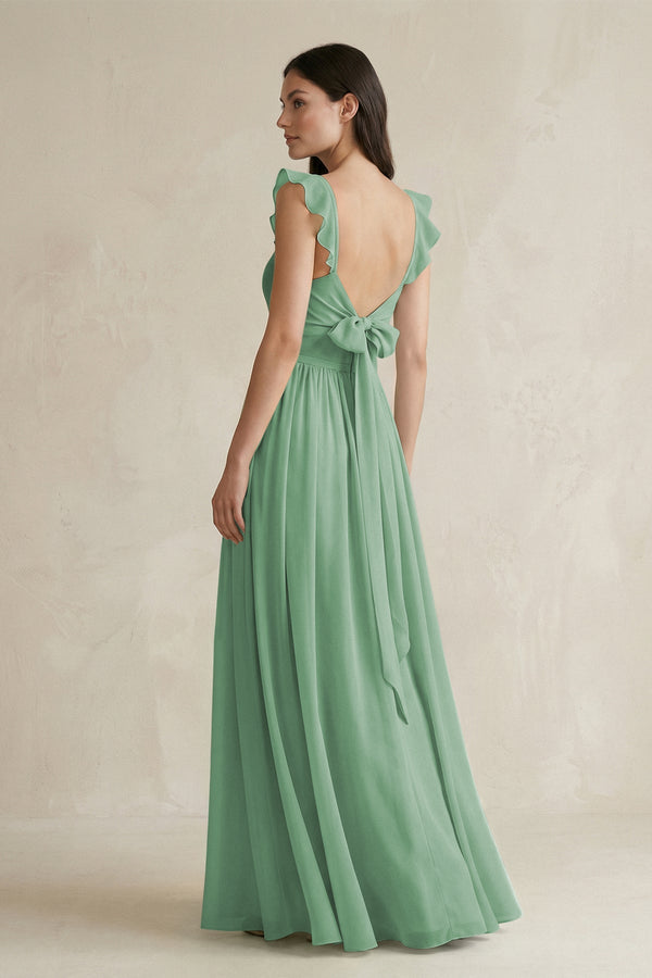 Ruffled Spaghetti Strap Chiffon A - Line Bridesmaid Dress in Sea Glass - KissProm Bridesmaid Dresses